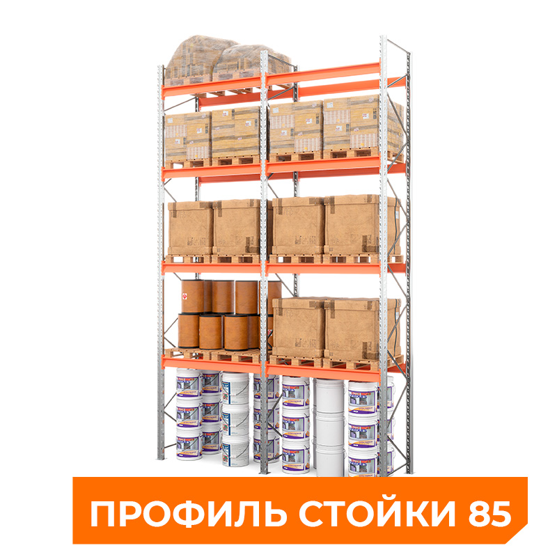 Две секции стеллажа металлического паллетного 6000х1800х1100 мм (85.1.5). Ярусы: пол+4